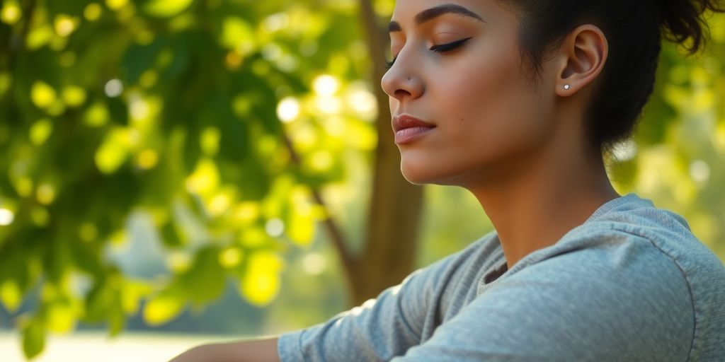 Person meditating peacefully outdoors.