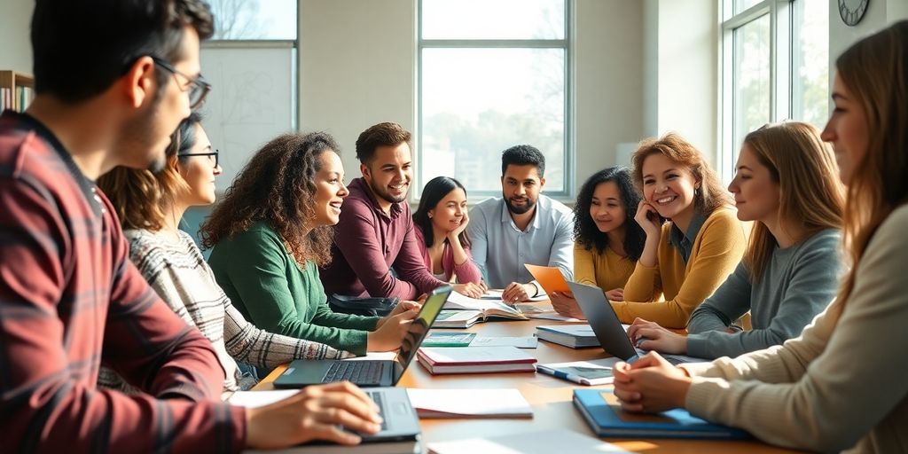 Students collaborating in a bright community college classroom.