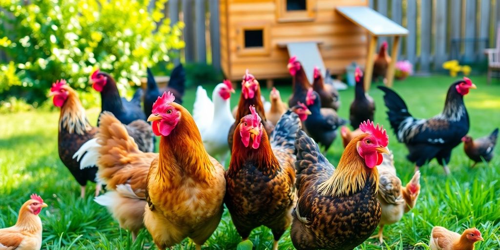 Colorful chickens in a sunny backyard with a coop.