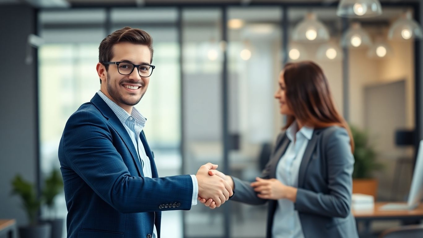 Professional handshake sealing a successful client pitch agreement.