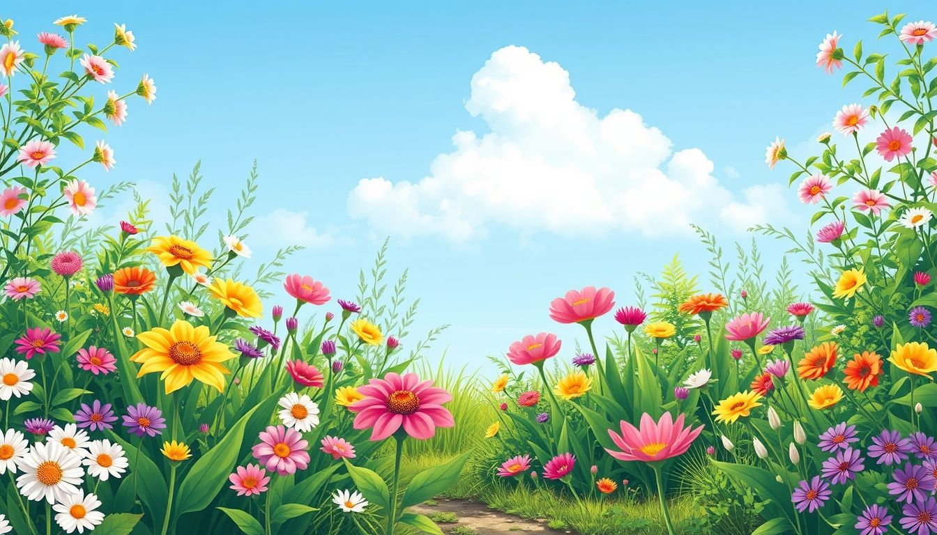 Vibrant spring garden with blooming flowers and lush plants.
