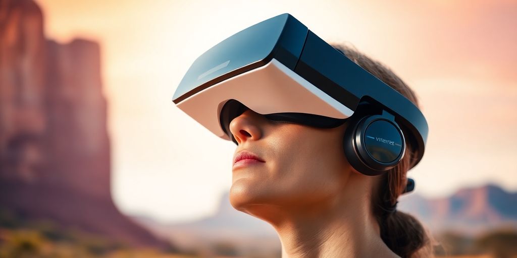 Person in VR headset, Australian landscape background.