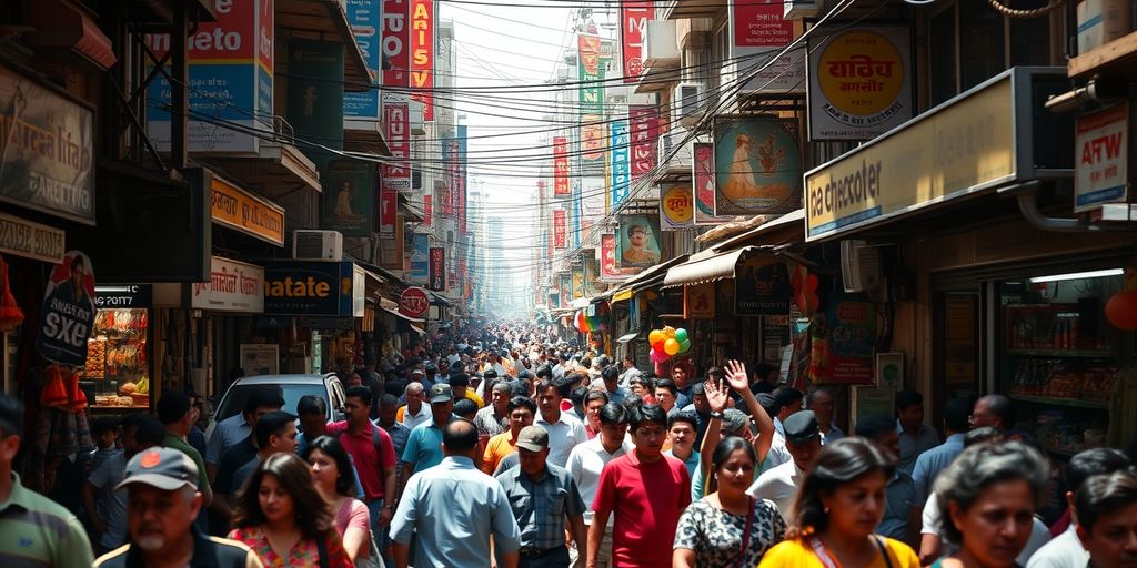 Busy city street with people and shops