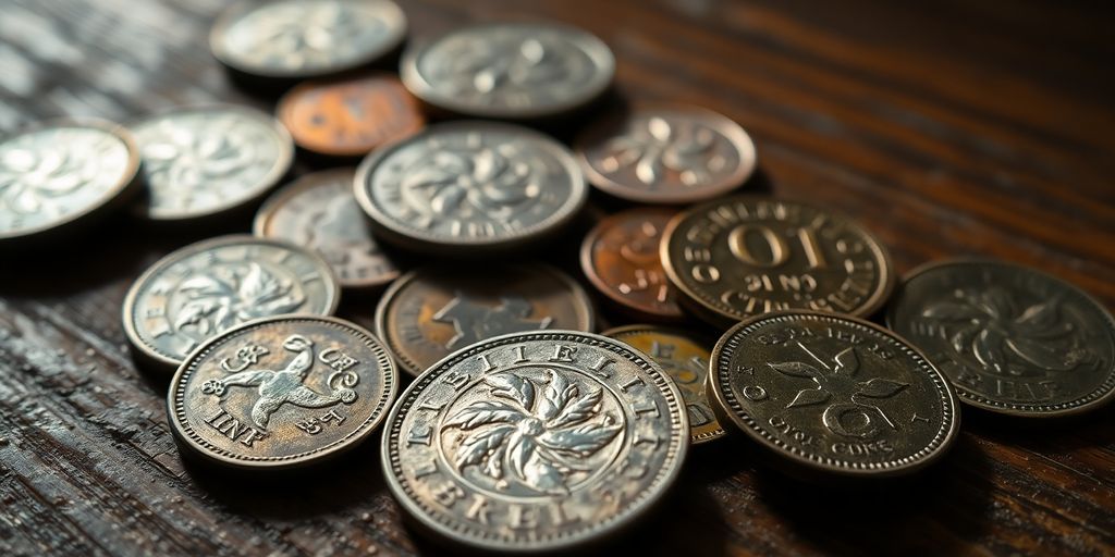 Assortiment de pièces de monnaie anciennes sur une surface en bois.