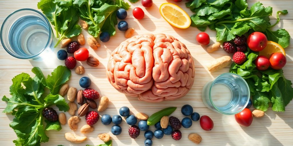 دماغ ساطع، أطعمة صحية، أوراق خضراء، مكسرات، توت.