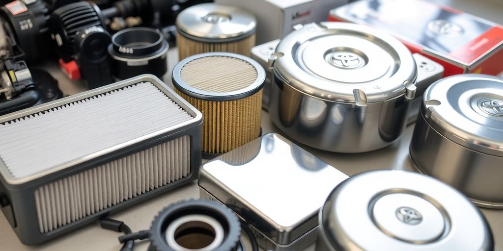 Toyota car parts arranged neatly.