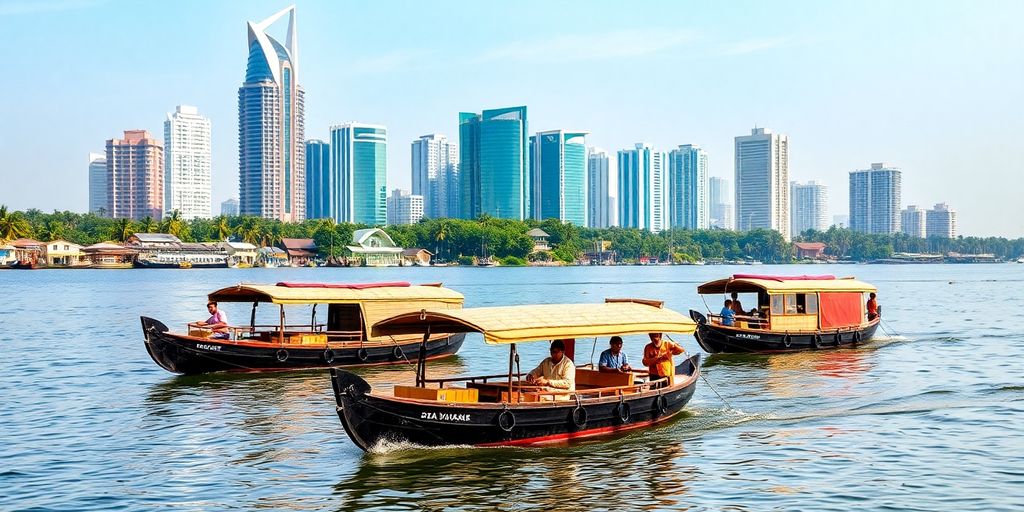 Boats on backwaters, modern Kochi skyline.
