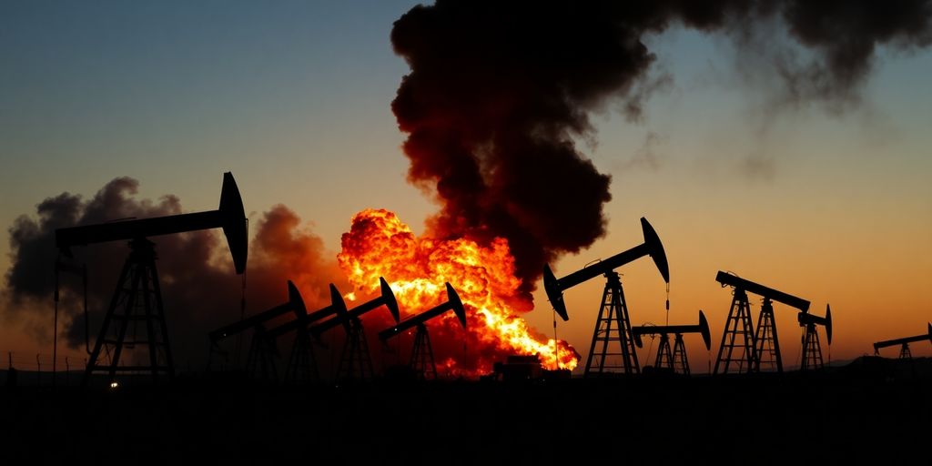 Oil derricks silhouetted against a fiery, exploding background.