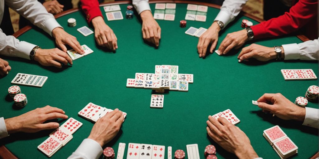 Mahjong tiles arranged in poker hands