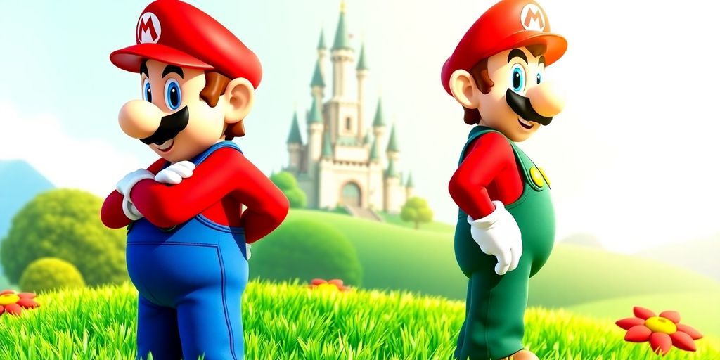 Mario and Luigi in a colorful adventure game landscape.