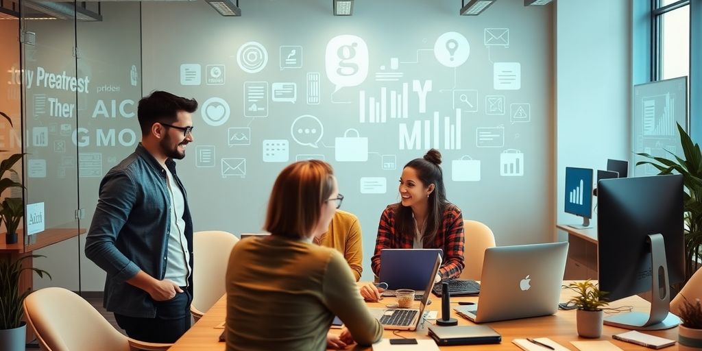 Profissionais de marketing digital em ambiente moderno.