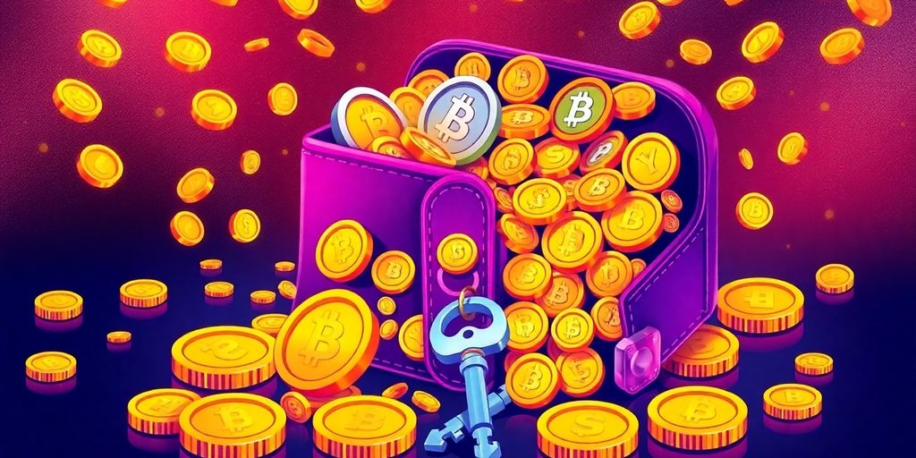 Digital wallet with cryptocurrencies and golden coins.