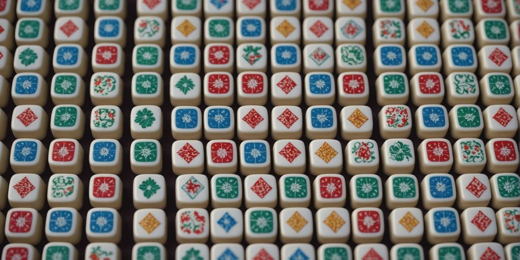 Aesthetic arrangement of colorful Mahjong tiles on a surface.