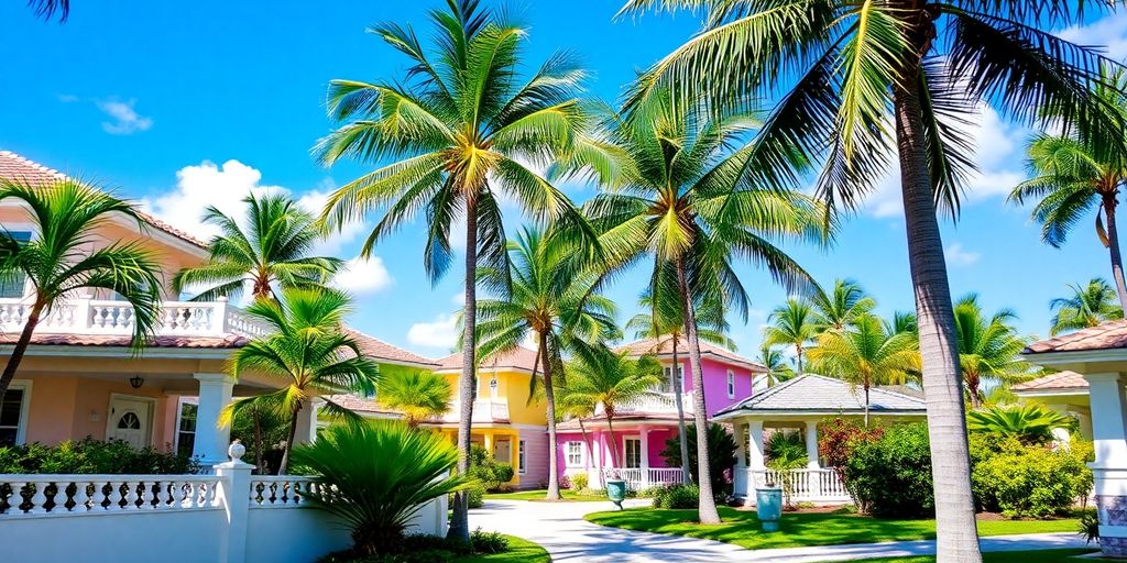 Vibrant Miami Dade neighborhood with colorful homes and palm trees.