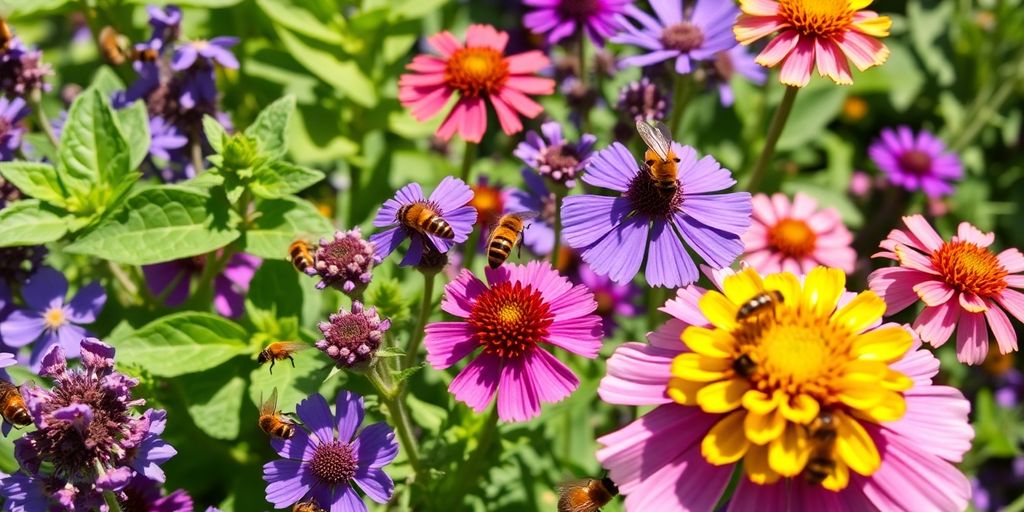 Bienen summen um blühende Kräuter im Garten.