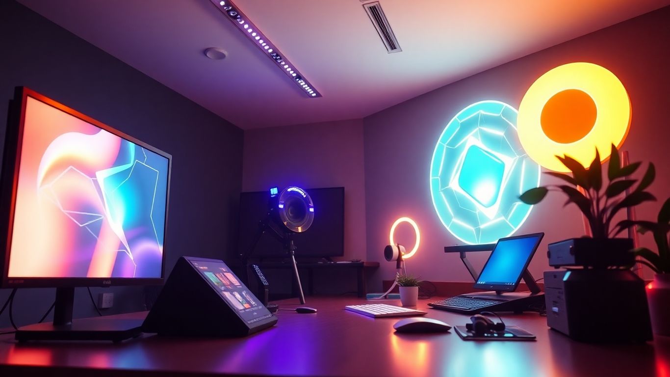 Futuristic digital tools and glowing abstract shapes.