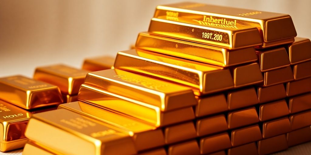 Lingots d'or brillants empilés sur un fond neutre.