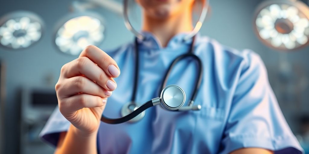 Nurse with stethoscope, medical tools nearby.