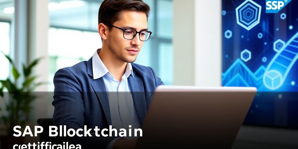 Person studying blockchain certification with laptop in bright room.
