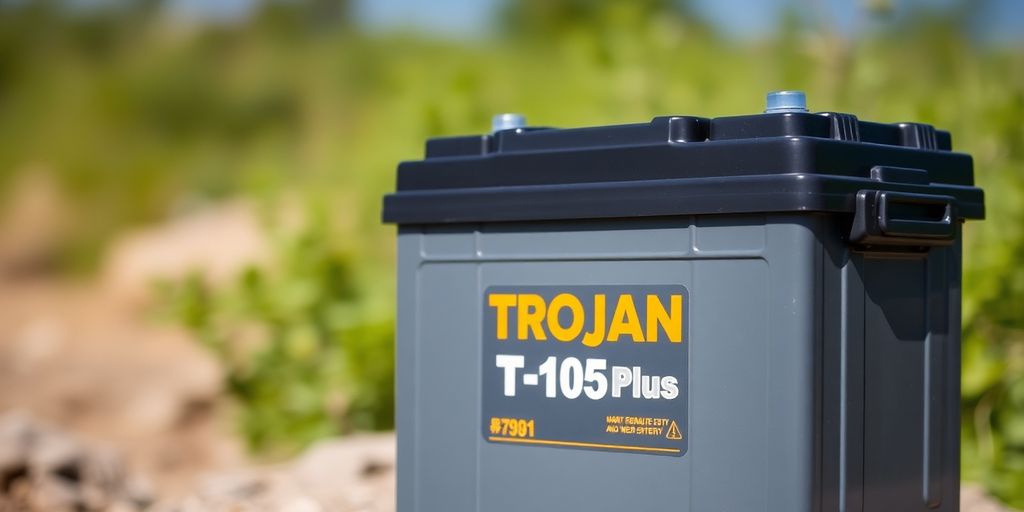 Trojan T-105 Plus solar battery against a natural backdrop.