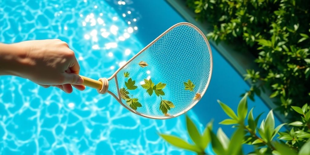Pool technician cleans blue swimming pool water.