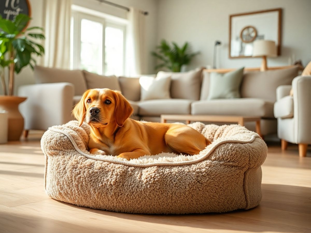 Cama para cachorro em uma sala iluminada e aconchegante.
