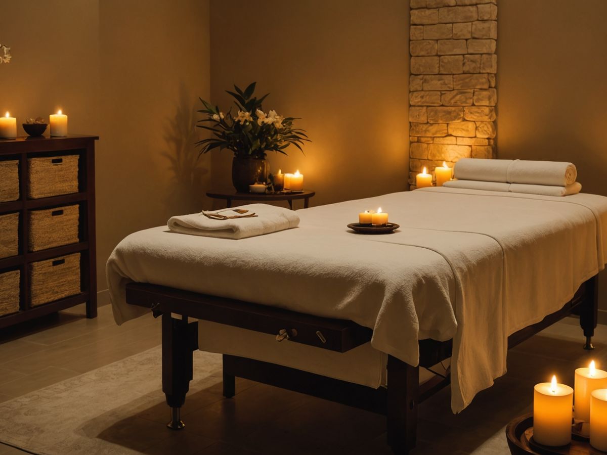 Serene spa setting with massage table and candles.