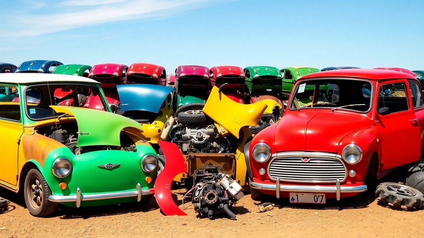 Mini Cooper car parts in an Australian wrecking yard.