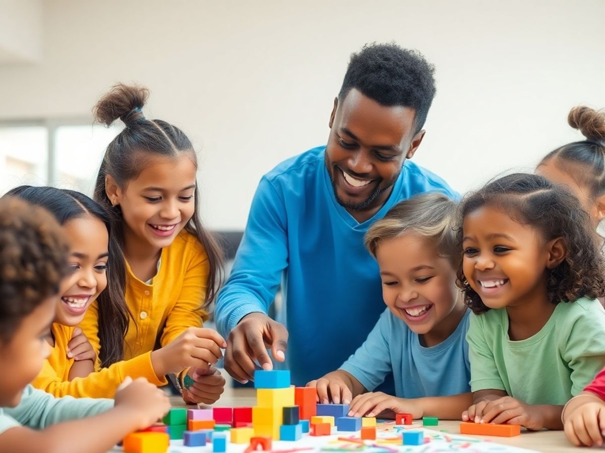 Copii jucându-se și colaborând împreună în grup.