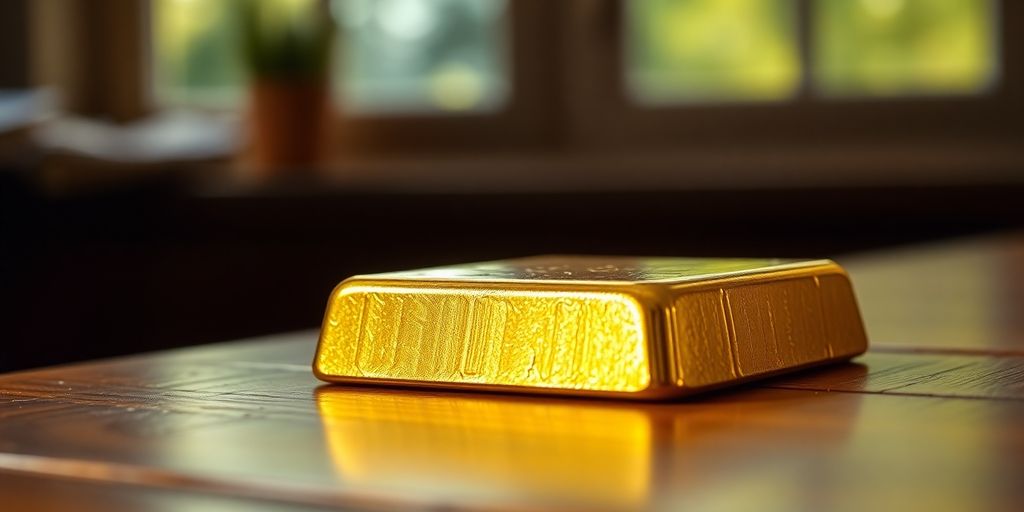 Lingot d'or sur une table en bois.