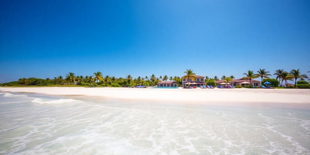 Serene beach, clear blue water, relaxing resort view.