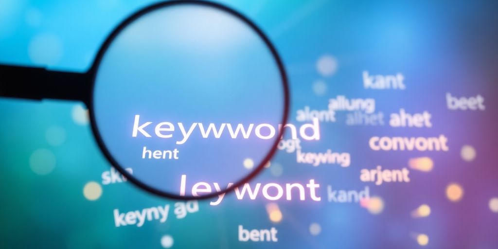Magnifying glass over glowing keywords.