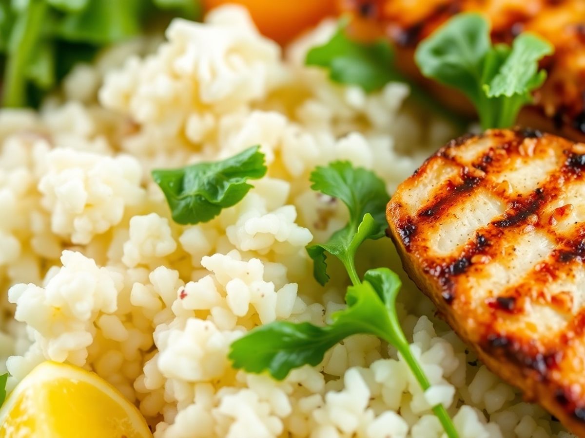 Healthy low-carb meal with cauliflower rice and chicken.