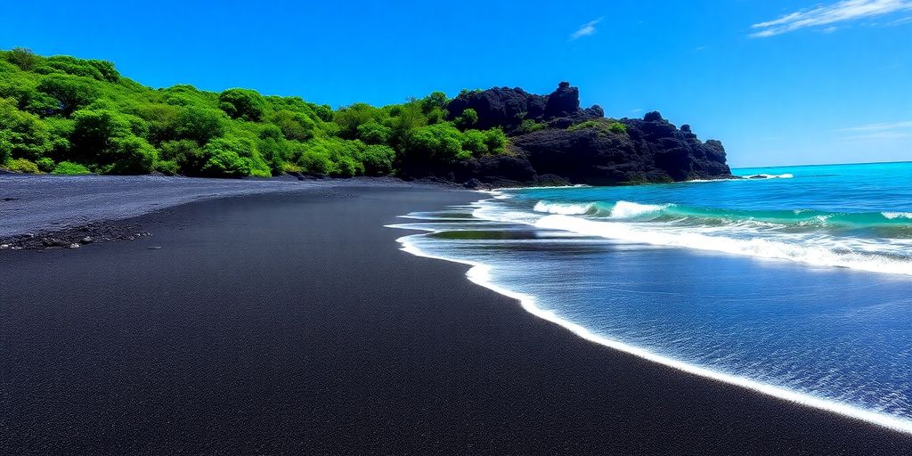 Dramatic black sand beach with turquoise waves crashing ashore.
