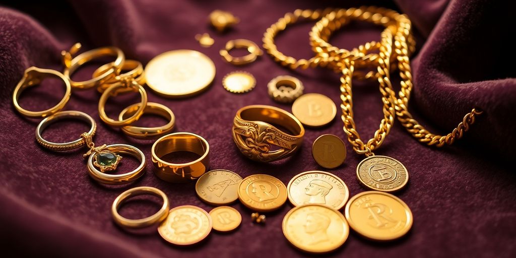Bijoux en or et pièces sur un tissu en velours.