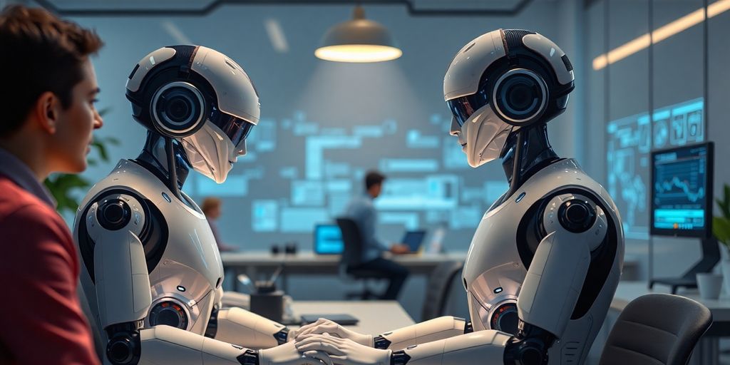 Futuristic workspace with robots and digital technology.