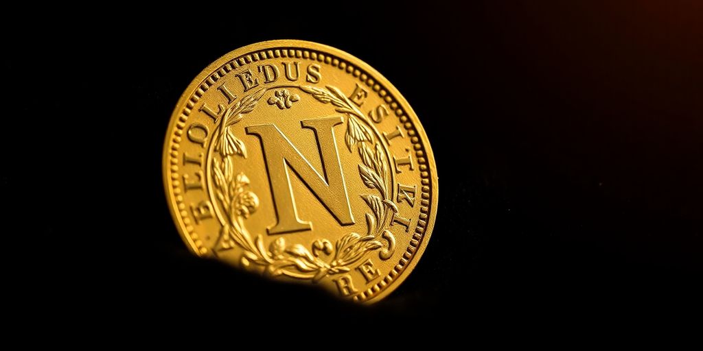Pièce de Napoléon en or sur un fond noir.