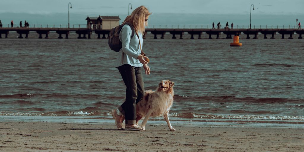 a woman walking her dog on the beach