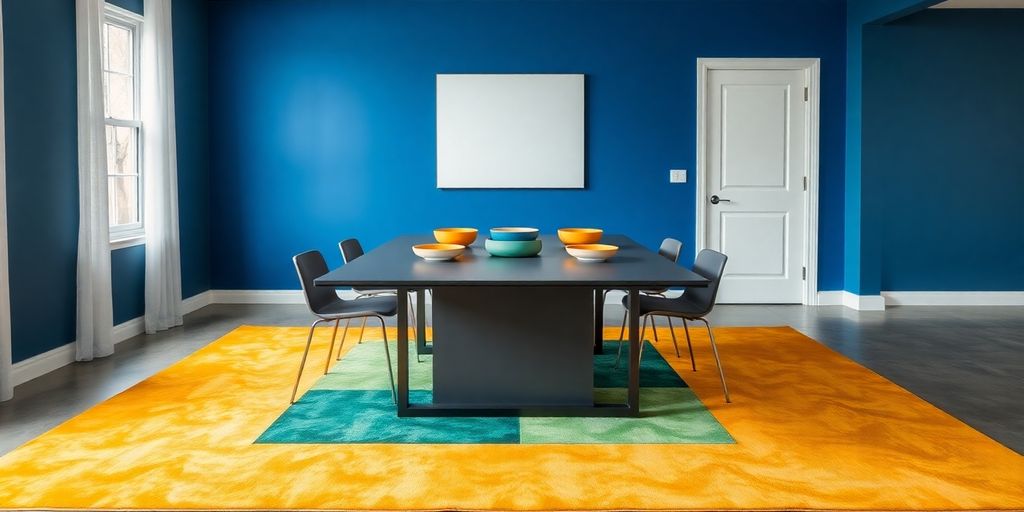 Dining room with bold colors, patterns.