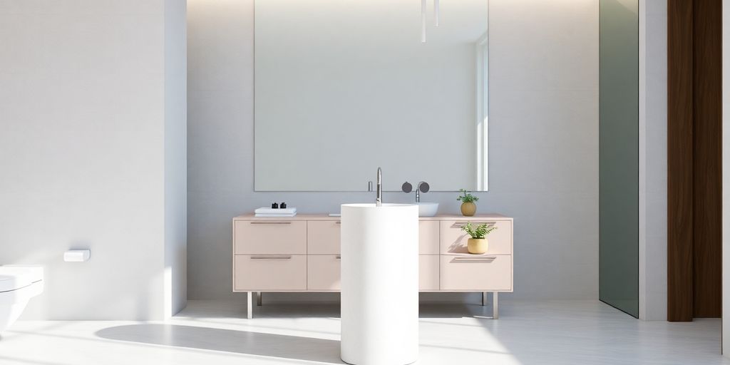 Modern bathroom with white freestanding washbasin