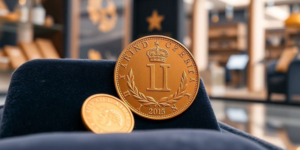 Une pièce en or Napoléon sur un coussin en velours.