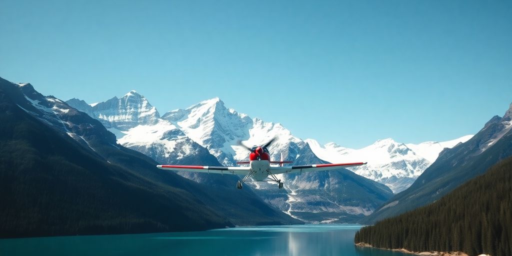 A red floatplane flying over an Alaskan glacial mountain lake.