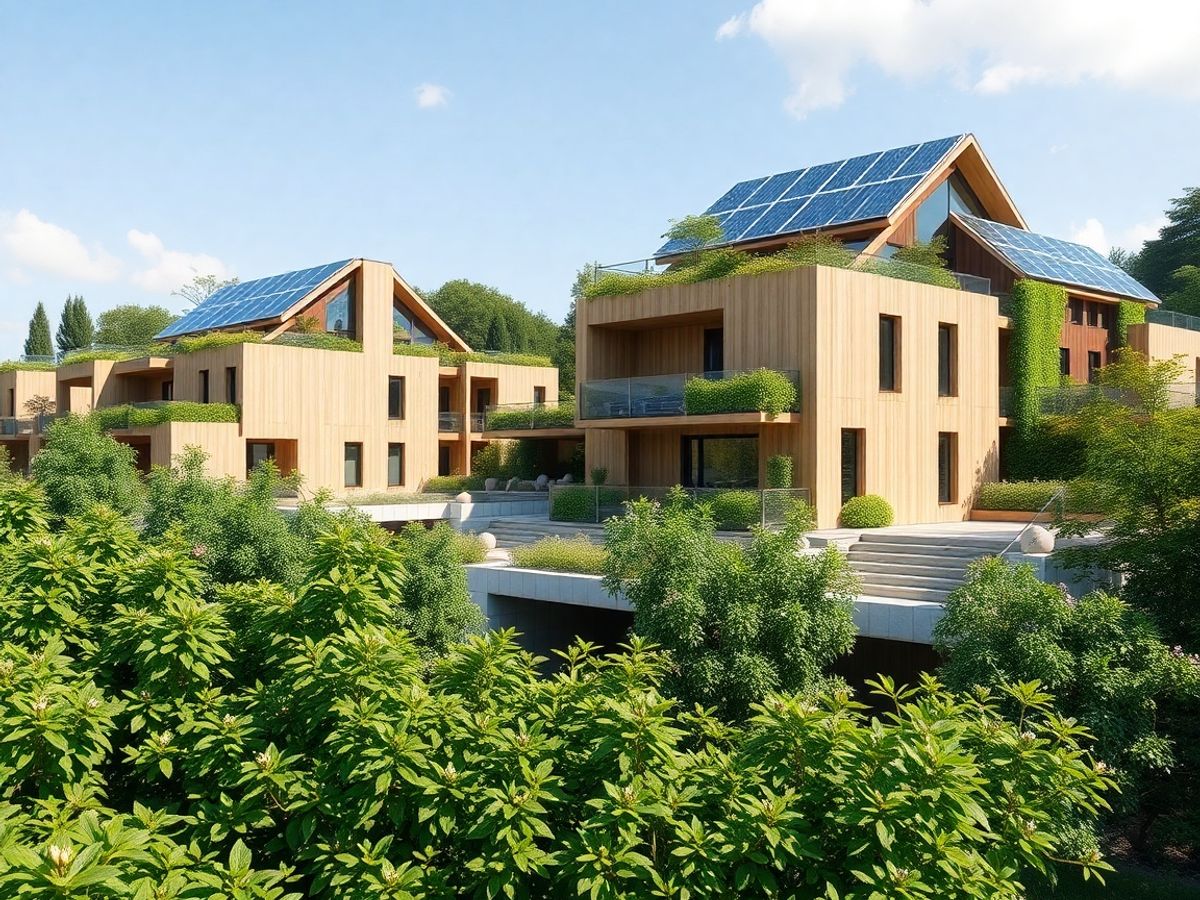 Clădiri moderne verzi, panouri solare, natură luxuriantă.