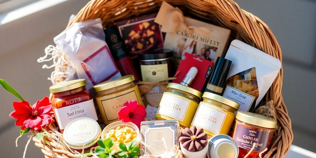 Hands arranging a beautifully curated gift basket.