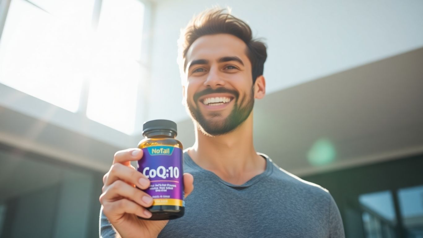 Man holding CoQ10 supplement bottle, radiating energy.