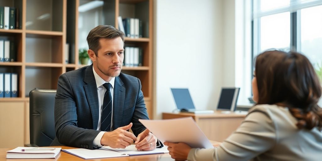 Lawyer advising client in an office about injury case.