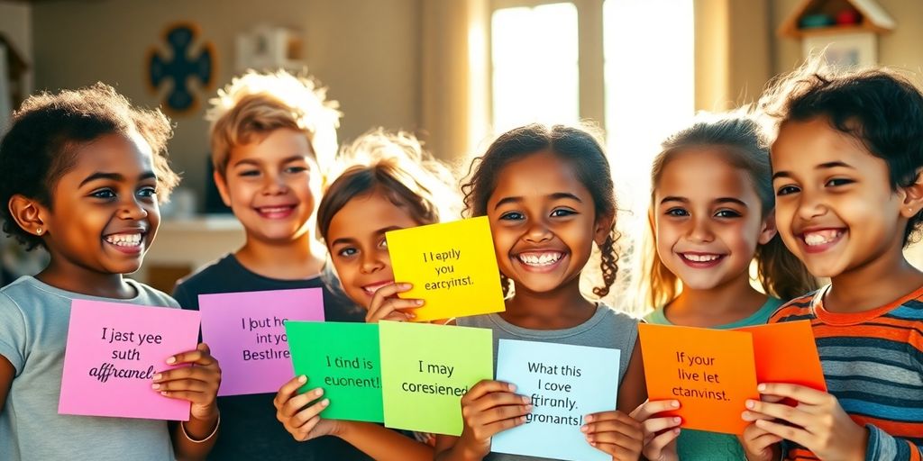 Smiling children with colorful affirmation cards.