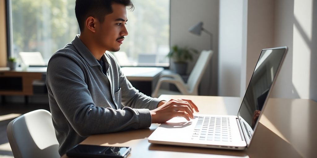 Person smiling while typing on a laptop.