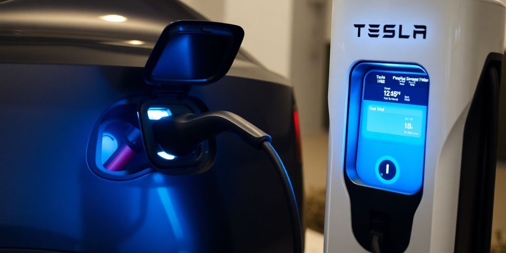 Tesla charging at a public EV station.