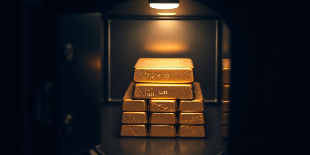 Lingots d'or empilés dans un coffre-fort sécurisé.